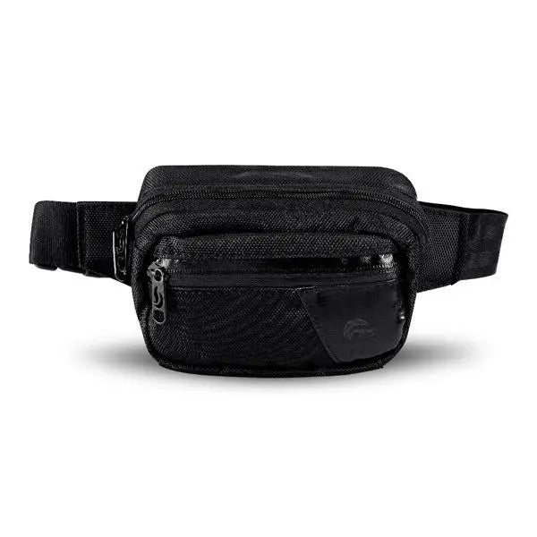 The Skunk Hipster Bag is a black, smell-proof waist bag by Skunk with two zippered compartments, an adjustable strap, and water-resistant material, shown on a white background.